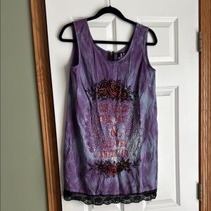 NWOT Very Rare Purple Sleeveless Tie Dye Mini Dress with Embellished Rose Design